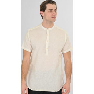 Rebase Linen Blend Shirts with Mao Collar Short Sleeves and Half Button Placket 261RGS-5175 ALMOND Rebase Linen Blend Shirts with Mao Collar Short Sleeves and Half Button Placket 261RGS-5175 ALMOND